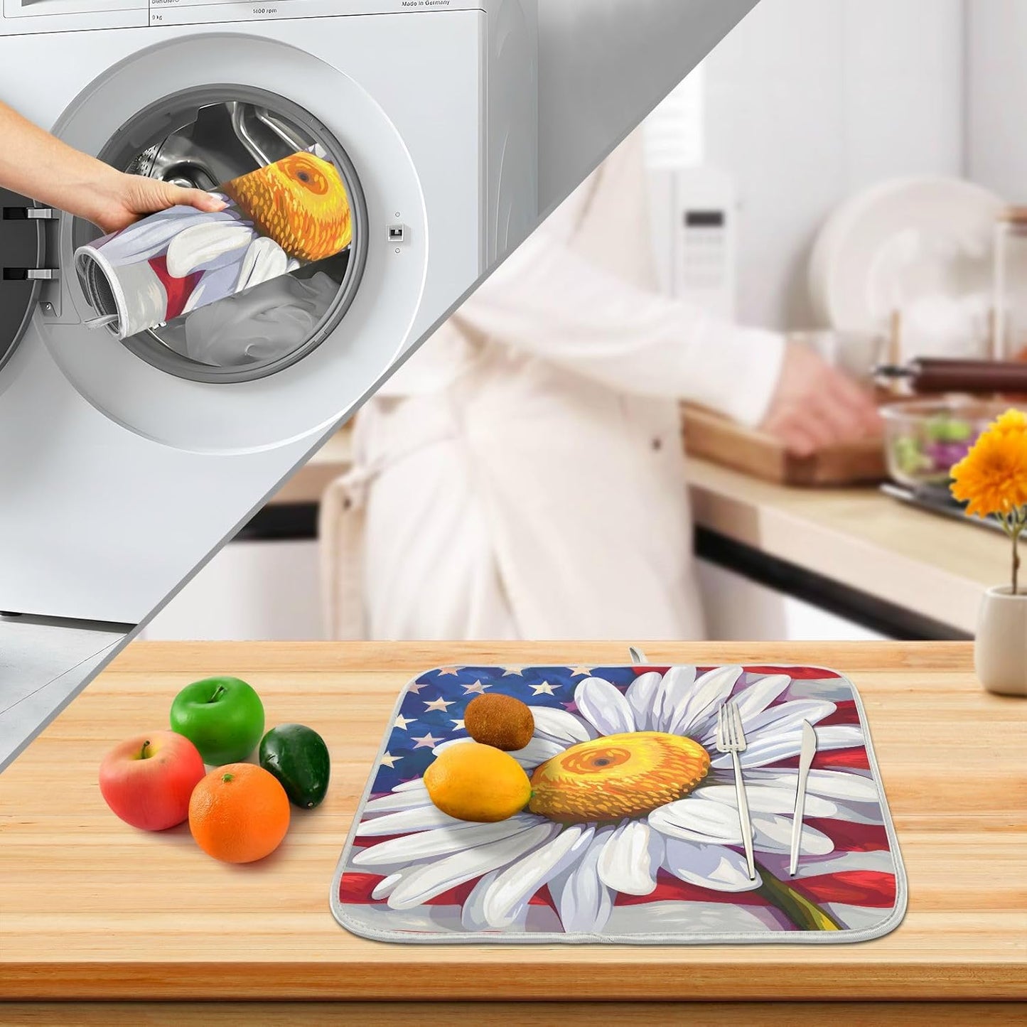 Daisy Flowers and American Flag Dish Drying Mat for Kitchen Counter Absorbent Microfiber Large Drying Pad Dish mats for Kitchen Countertops 18 x 24 Inch