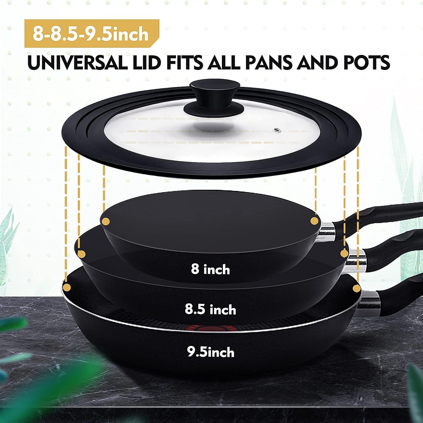 Universal Lid for Pots, Pans and Skillets, Pot Lid With Heat Resistant Silicone Rim and Tempered Glass, Fits 8", 8.5", 9.5" Diameter Pots and Pans