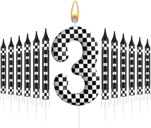 13 Pcs Racing Cars Themed Birthday Candles Black and White Race Number 3 Checkered Candle Cake Topper for Racing Car Party Decoration Supplies (Number 3)