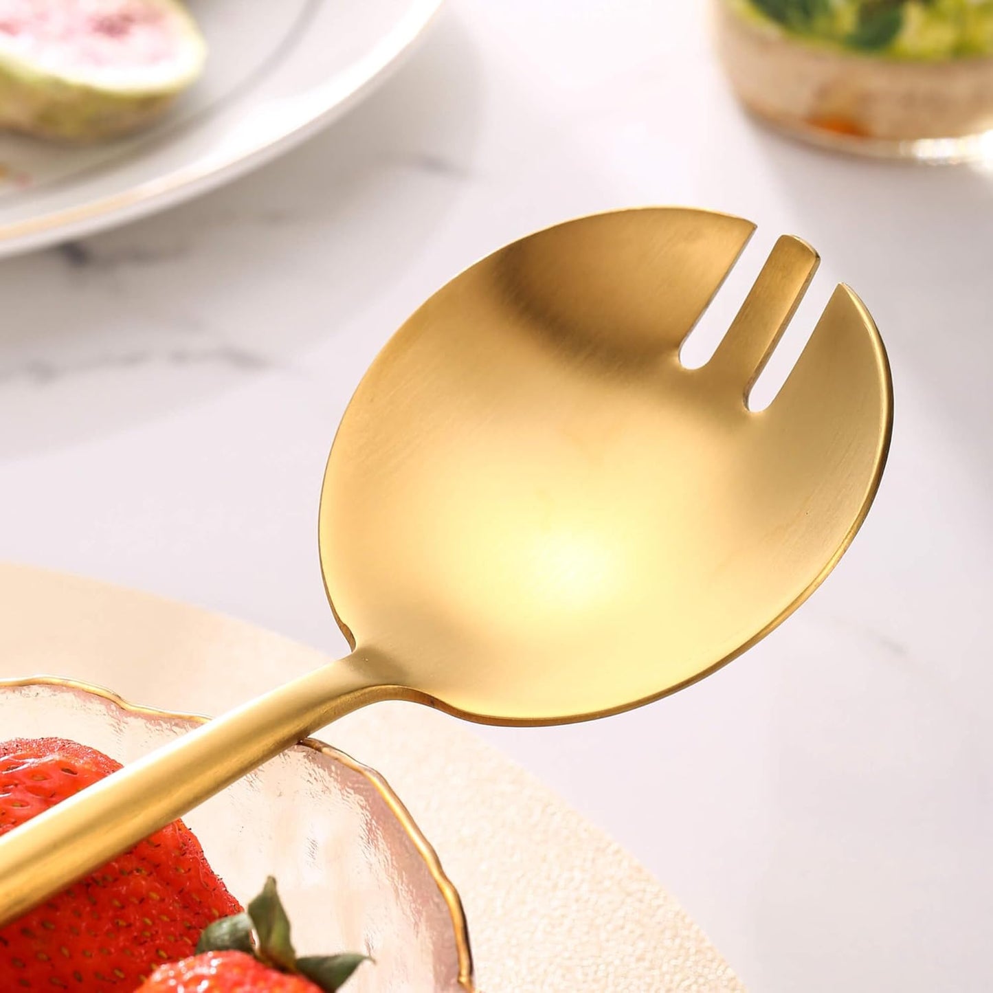 Gold Salad Serving Utensils,Serving Spoons Stainless Steel,2Pcs Long Handle Salad Servers 11.42 Inch,Salad Utensils for Serving,Matte Finish,Dishwasher Safe