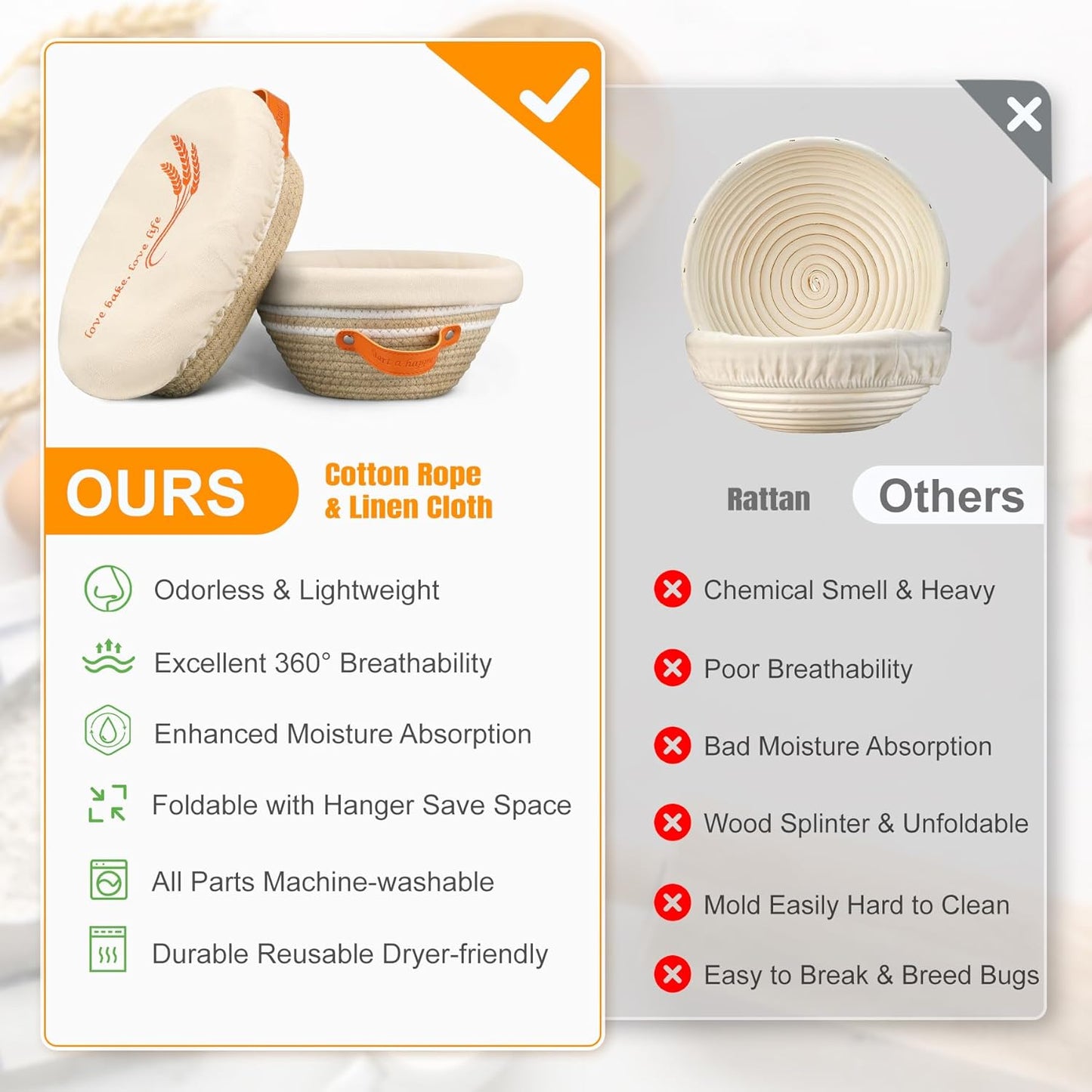 HASHMUST Banneton Bread Proofing Basket Set, 9 Inch Round & 10 Inch Oval Cotton Rope Proofing Bowls with Liners Covers & 14x19 Inch Thick Baguettes Cloth, Sourdough Dough Loaves Baking Supplies Gifts