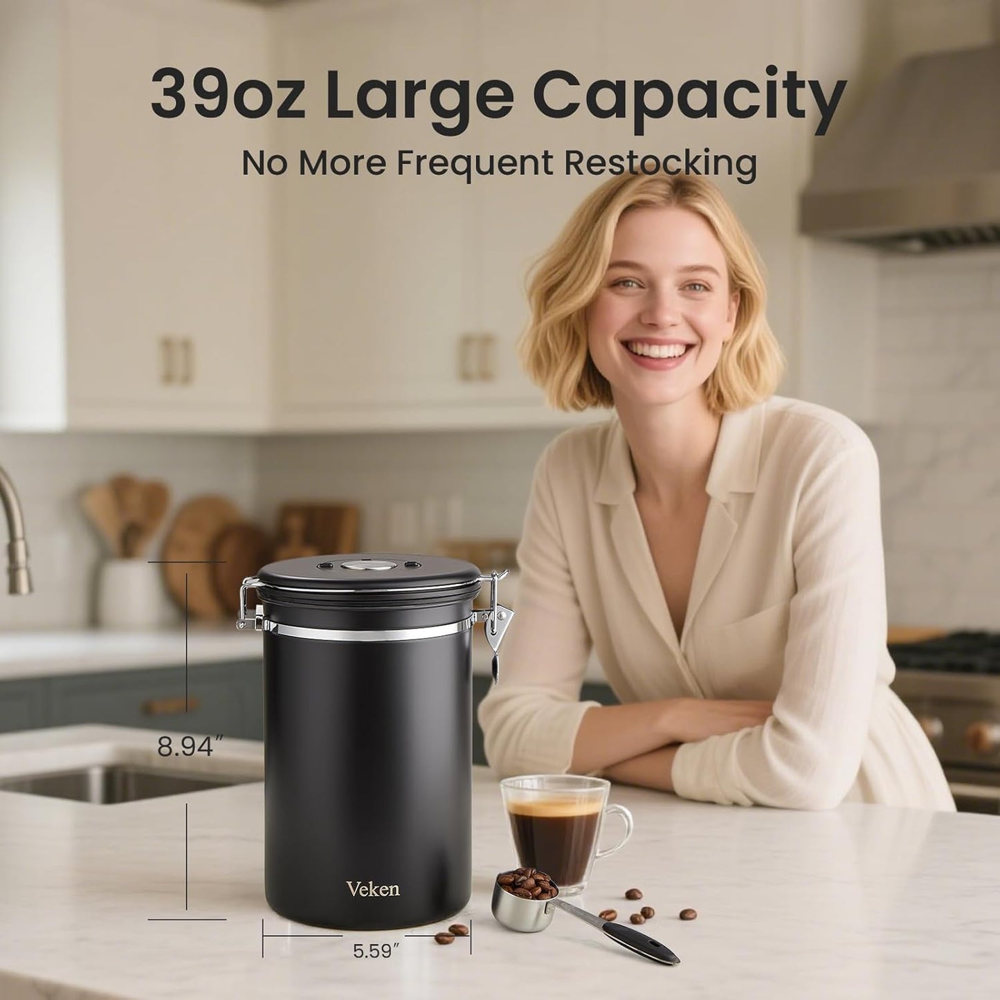 Veken Coffee Canister, 39OZ Large, Airtight Stainless Steel Food Storage Container for 2.2lbs Coffee Beans, Ground, Sugar, Tea, Flour, Rice, Cereal, Cookies Jars, Bar Accessories & Gifts, Black