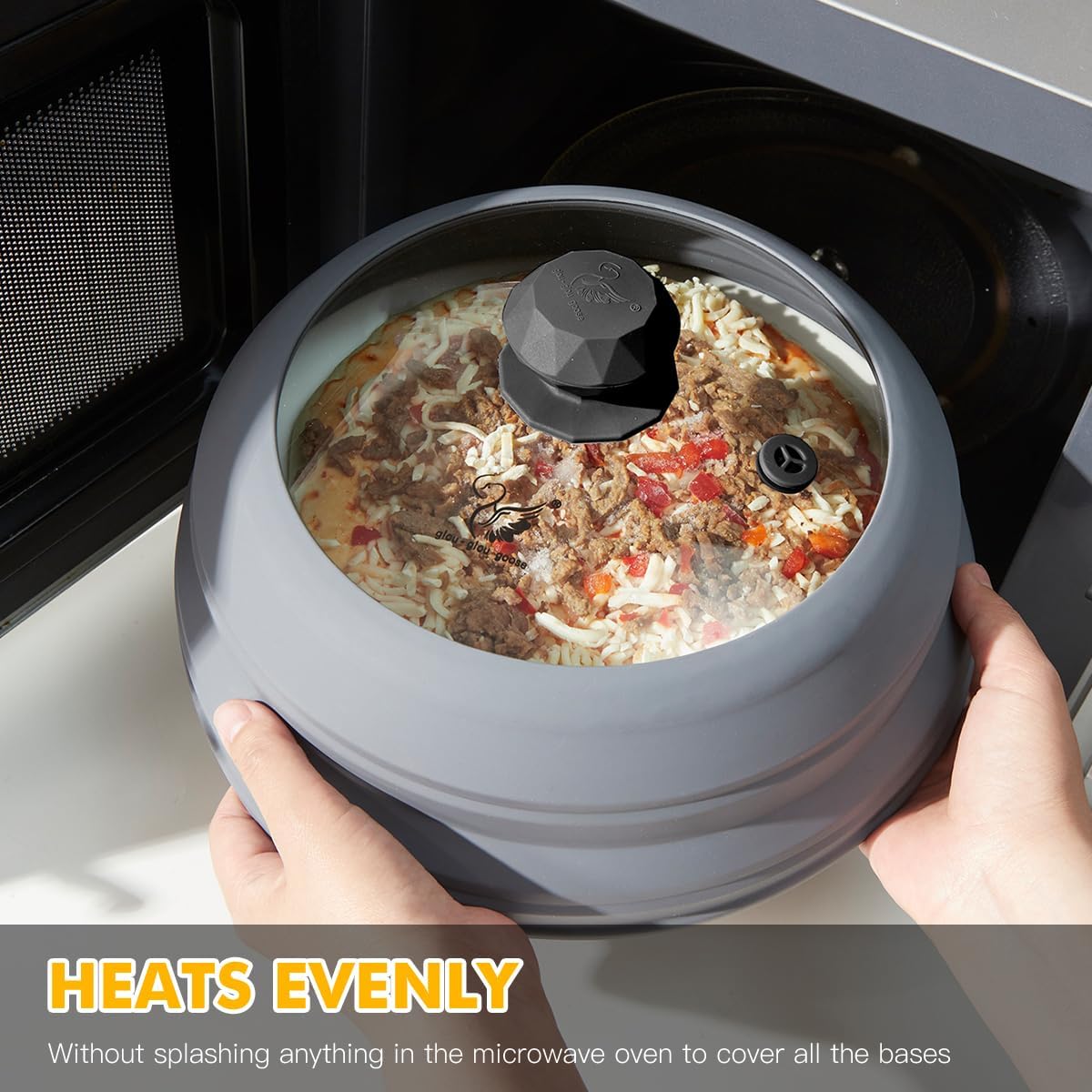 Microwave Splatter Cover Vented Glass Cover Splatter Guard Lid with Collapsible Silicone for Food as Pot Cover Plate Cover 10.8 inch for 6 7 8 9 10 inch Plate Bowl Light Grey