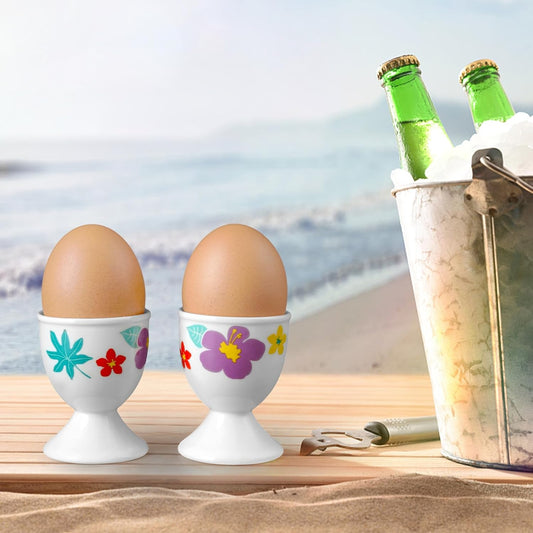 Cinf Ceramic Egg Cups Hawaii Flower Set of 2 Porcelain Holder Breakfast Boiled Cooking Easy to Clean Childhood Memories Kitchen