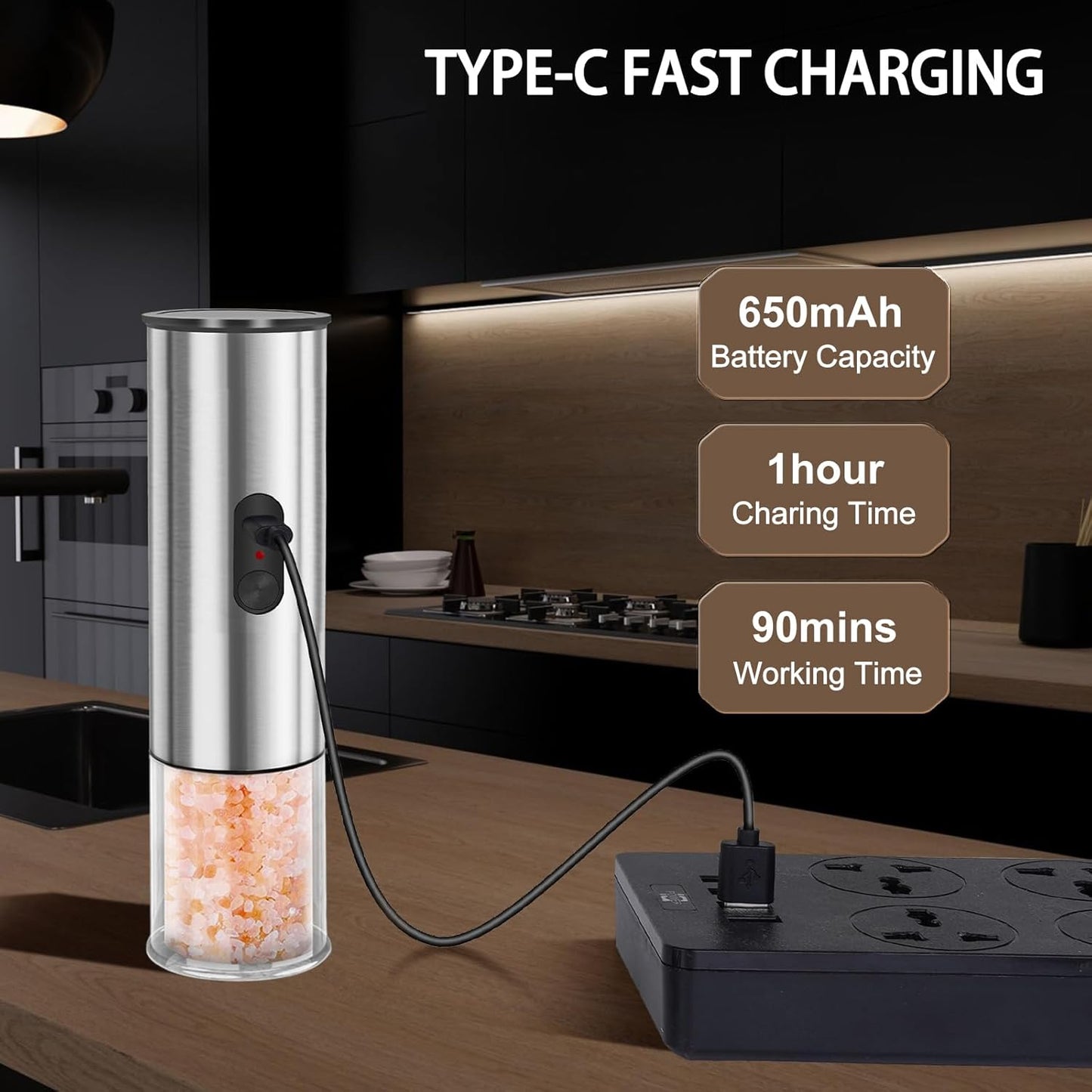 Electric Salt and Pepper Grinder Set, Rechargeable Salt and Pepper Shakers Refillable, Automatic Pepper Mill with Adjustable Coarseness, One Hand Operation with LED light, Stainless Steel