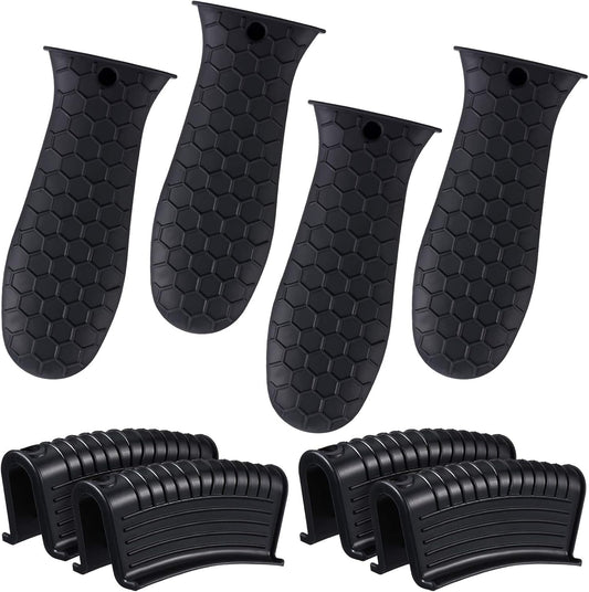 Patelai 8 Pcs Silicone Pot Holders Set Cast Iron Handle Cover Heat Resistant Pot Handle Covers Potholder Non Slip Reusable Pan Sleeve for Frying Pan Kitchen Supplies(Black)