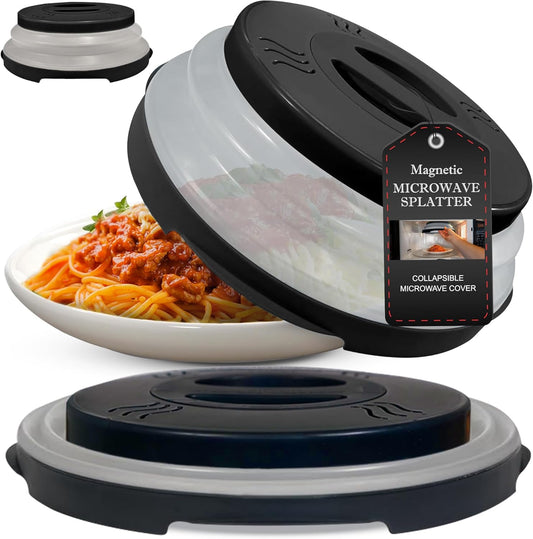 2.0 Magnetic Microwave Splatter Cover, Collapsible 12-Inch BPA-Free Food Lid with Upgraded Magnets, Vented Plate Guard, Dishwasher Safe, Space-Saving Magnetic Storage - Black