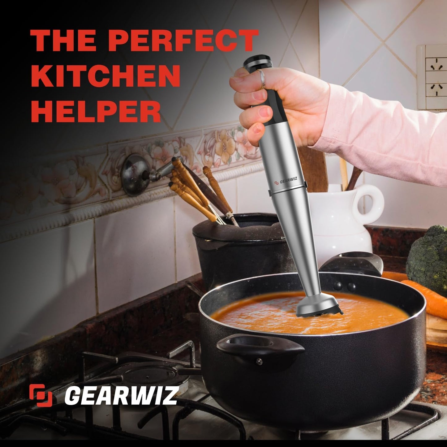 1100W Corded Hand Blender – 6-in-1 Stick Blender – Variable Speed Immersion Blender with Titanium Blades – Corded Blender with Whisk Chopper Frother Storage Holder & Silicone Cover