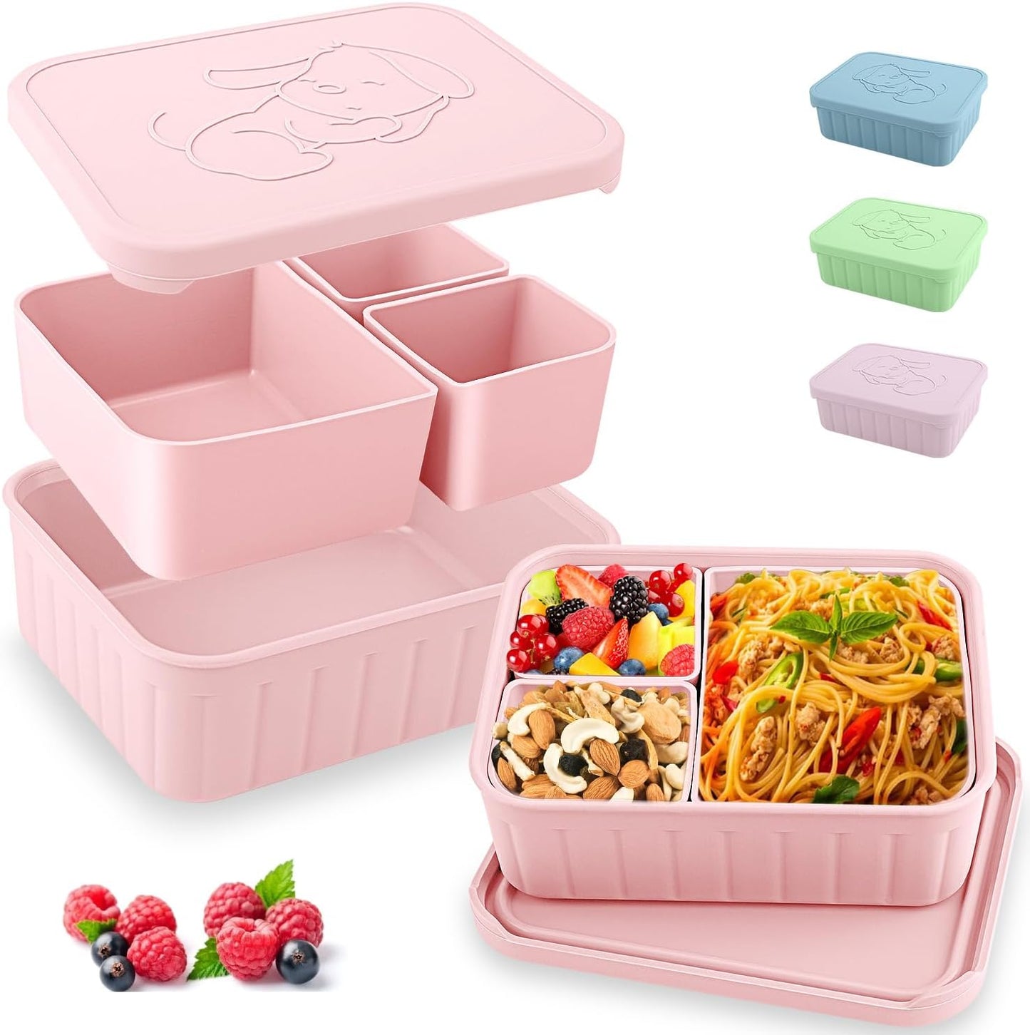 Bento Lunch Box for Kids-Reusable Silicone Kids Bento Box Lunch Container Leakproof Lunchbox Meal Prep Food Storage Containers with 3 Removable Compartments–Dishwasher Safe/BPA Free/Portion Control