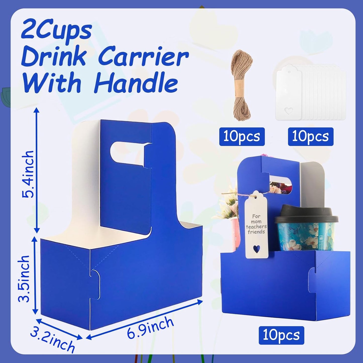 10 Pack 2 Cup Disposable Drink Carrier with Handle Paperboard Coffee Cup Holder Portable for Hot Cold Drinks Food Delivery Services with Heart Card for Teacher Appreciation Week Mother's Day