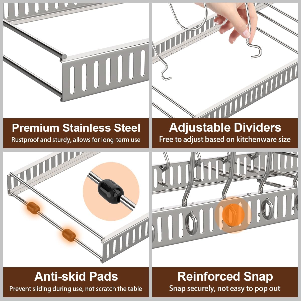 Housolution Pot and Pan Organizer Rack for Cabinet, Stainless Steel Expandable Pot Lid Organizer with 14 Adjustable Dividers, Pot and Pan Holder Rack Storage Organizer for Kitchen, Silver