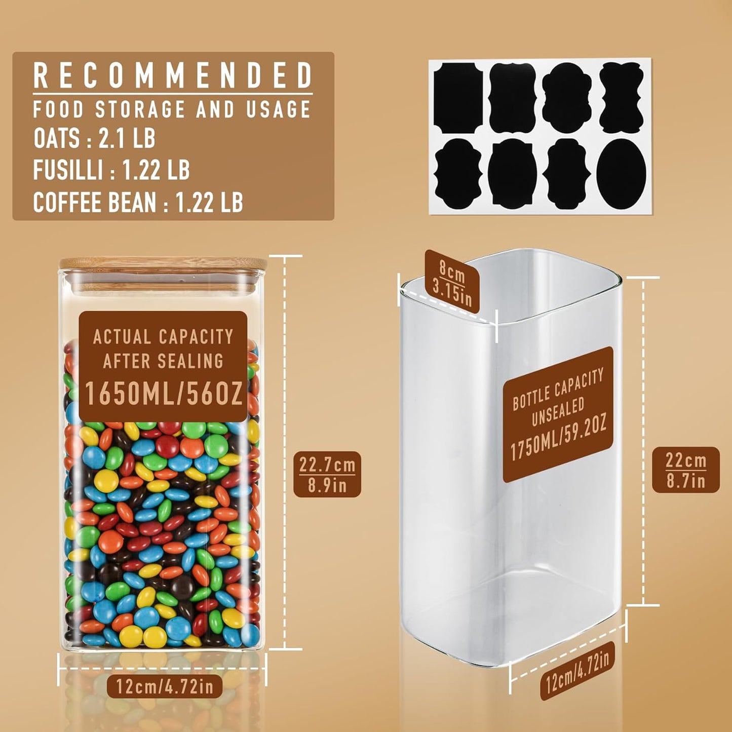 56oz Rectangle Airtight Glass Storage Containers with Bamboo Lids (Set of 3), Square Food Storage Jar, Pantry Organizers for Oats, Cereal, Pasta and Coffee beans (‎with Black Lable)