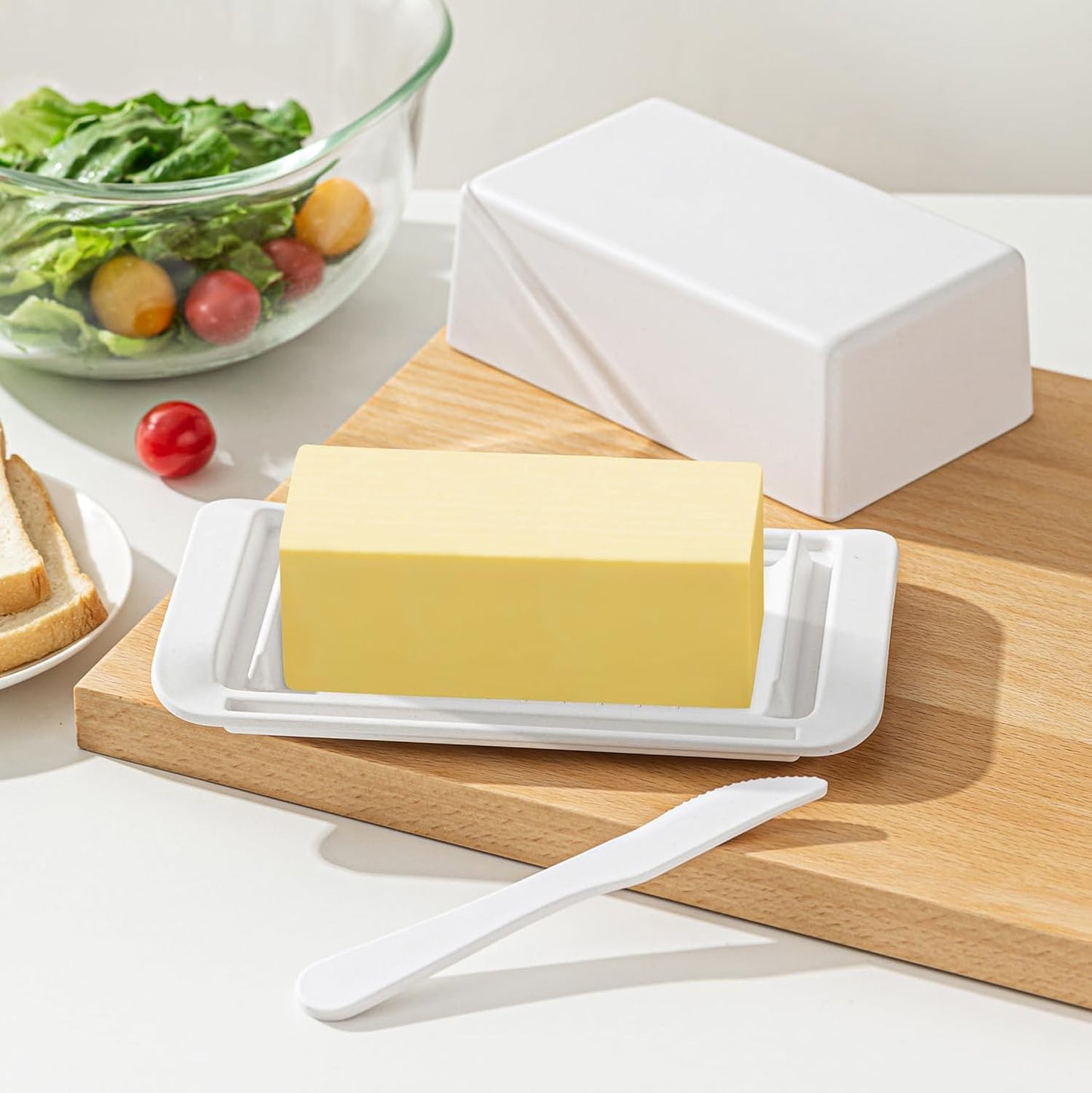 Butter Dish with Lid, Large Butter Dish with Lid for Countertop, Built-in Knife Slot Butter Keeper for Kitchen or Fridge, Bamboo Fiber Butter Tray, Butter Holder for 2 Sticks(White, Large)