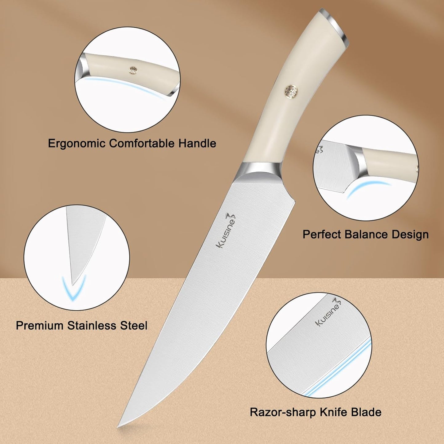 Kuisine Kitchen Knife Set,High Carbon Stainless Steel Ultra Sharp Blade Ergonomic Handle,Knife Block Set with Built-in Sharpener,Elegant Gift for Holiday(Irovy-Acacia,15PCS)