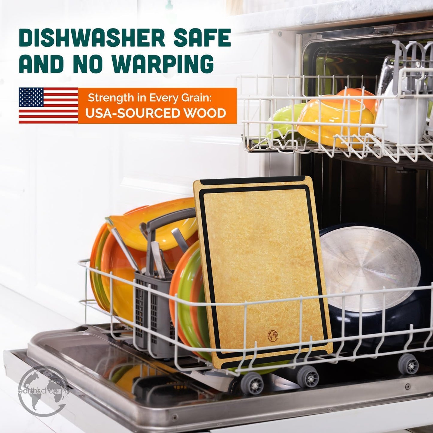 Earth’s Dreams Wood Cutting Board 17x12 Extra Large - Charcuterie Board, Non-Plastic, Non-Toxic, Heavy-Duty, Dishwasher Safe (Tan/Blacks)