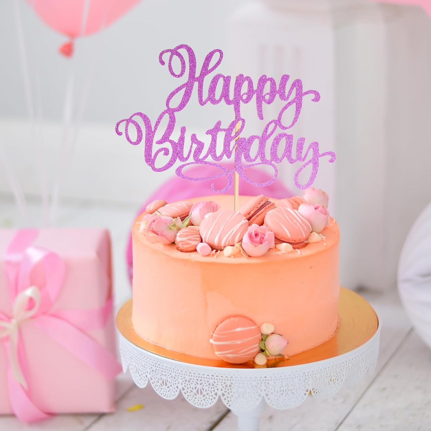 Happy Birthday Cake Toppers 9 Inch Glitter Happy Birthday Cake Pick for Birthday Anniversary Theme Party Cake Decorations Supplies - Rose Red