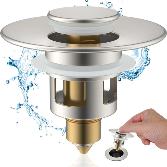 Hibbent All Metal Universal Bathroom Sink Stopper for 1.1''~2.3'' Basin, Pop Up Sink Drain Strainer, Brass Bullet Core Push Type Stopper, Stainless Steel Anti Clogging Drain Filter, Brushed Nickel