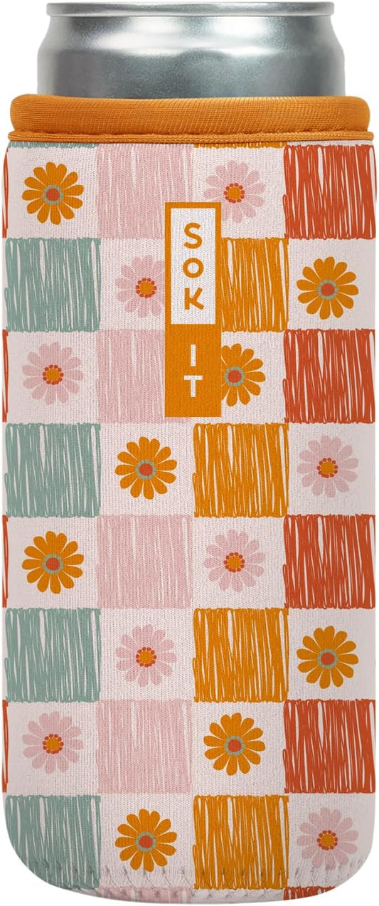 Sok It CanSok Sleeve for Beer & Soda Insulated Neoprene Cover (Boho Floral, 12oz Slim Can Sleeve)