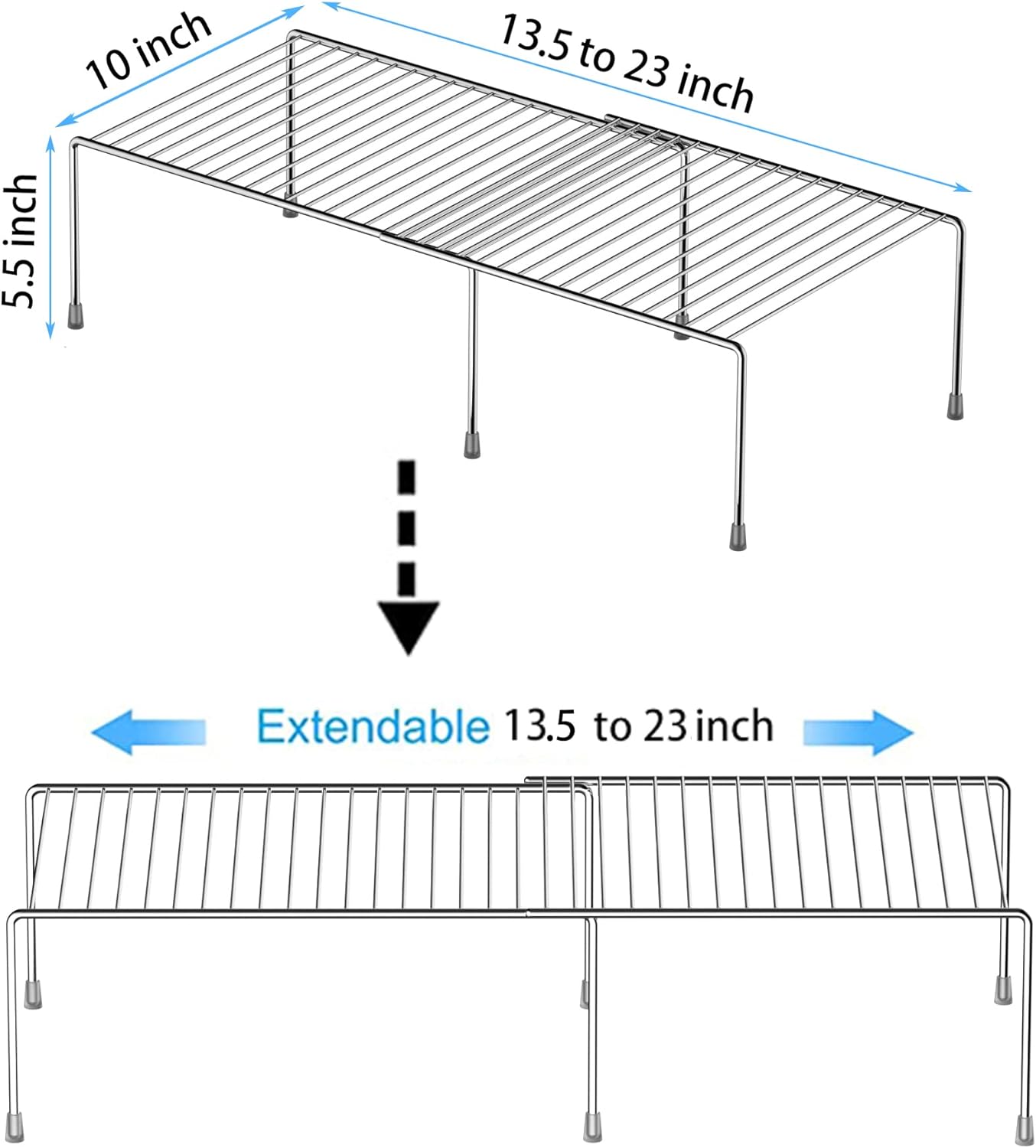Redrubbit Cabinet Storage Shelf Rack, Expandable Metal Rustproof Kitchen Counter and Cabinet Shelf, Storage Rack Organizer Space Saver for Kitchen, Fridge, Cabinet, Bathroom, Chrome