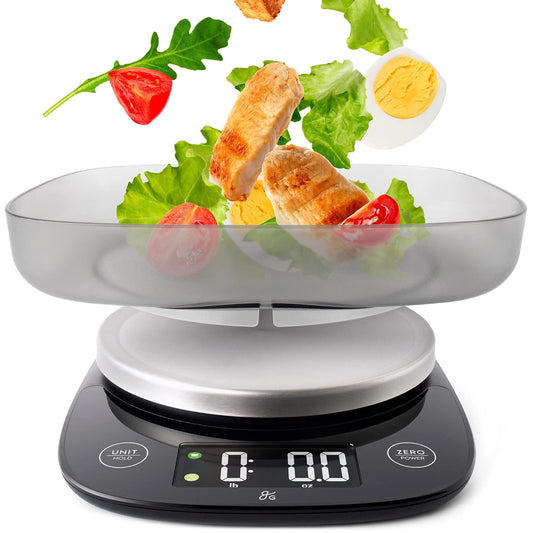 Greater Goods Digital Food Scale with Bowl, 11lb to 5kg Capacity, Grams and Ounces, Tare Function, 4 Units for Baking, Meal Prep, Weight Loss, Stainless Steel