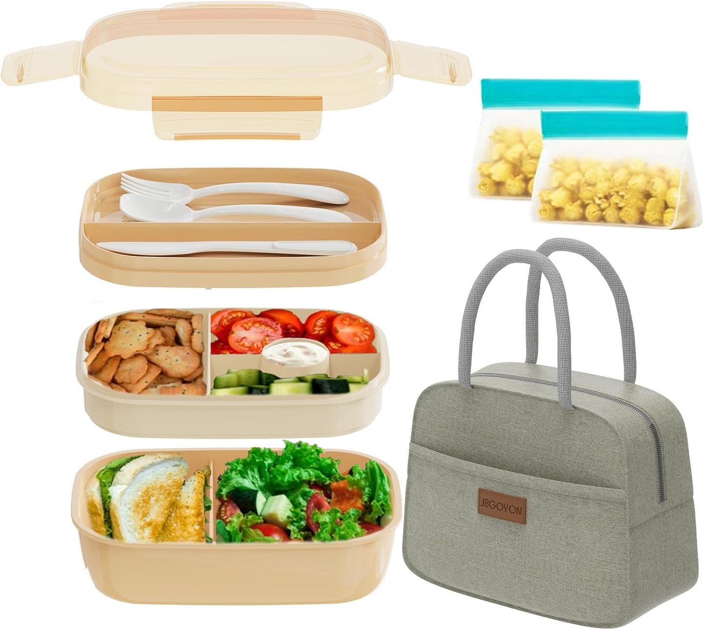 JBGOYON® Bento Lunch Box Set - 3 Stackable Containers for Adults and Kids- Includes Lunch Bag, Leak-Proof and BPA-Free - Built-in Utensil Set and Snack Bag - Dishwasher Safe (Khaki)