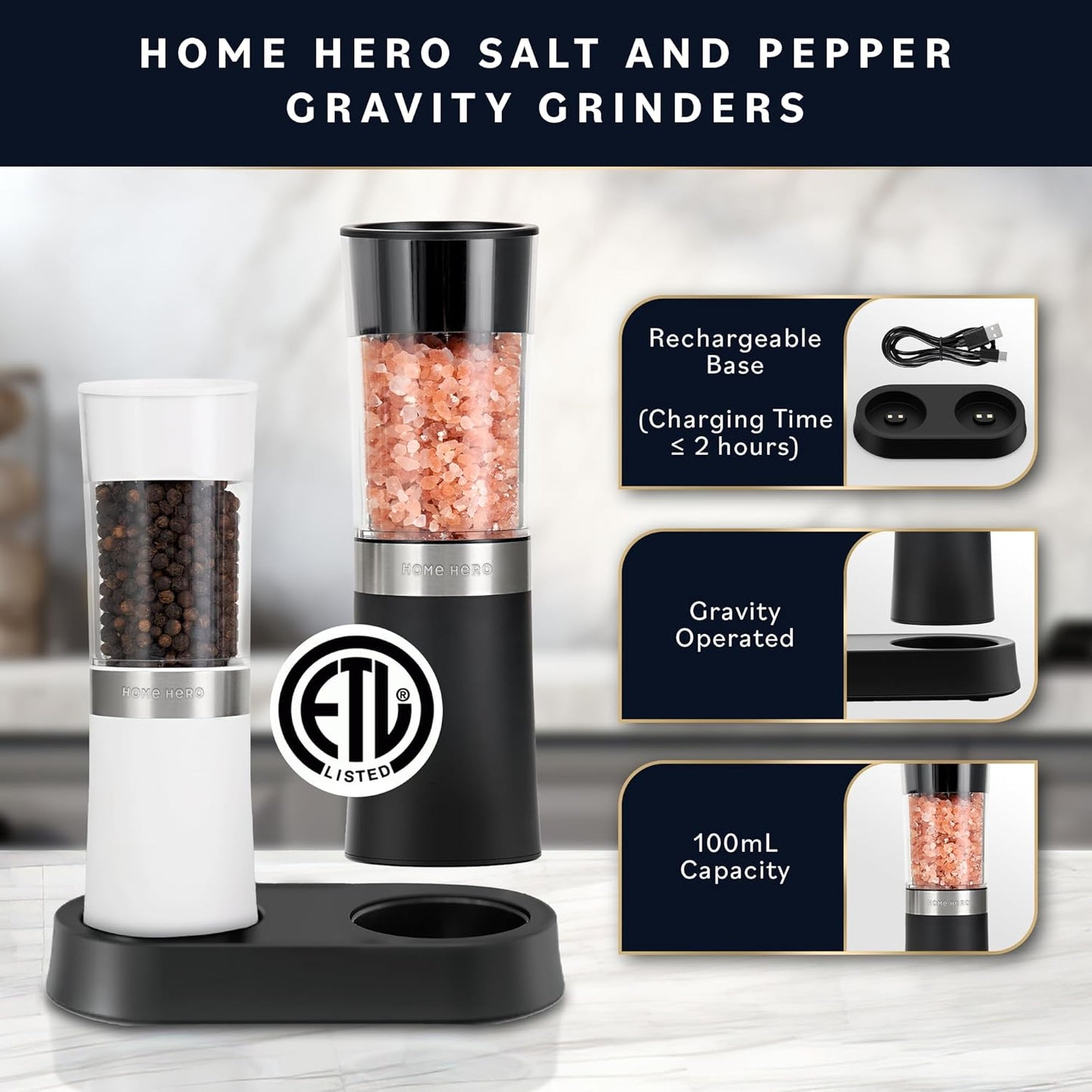 Home Hero Electric Salt and Pepper Grinder Set - Automatic Salt and Pepper Grinder Set Rechargeable. Electronic Salt and Pepper Shakers with LED Light, Gravity Electric Pepper & Salt Grinder, Set of 2
