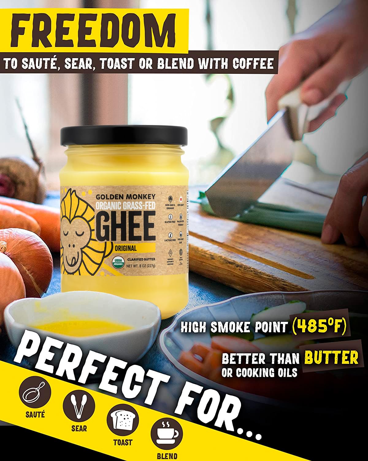 GOLDEN MONKEY Organic Ghee Butter – Grass Fed Clarified Butter for Cooking, Baking, Keto & Gut Health – Ghee Butter Organic Grass Fed from Small Farms – Smooth Spread with High Smoke Point (8oz)