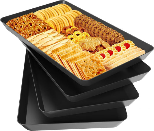 WOWBOX 4 pcs Serving Tray for Entertaining, Serving Platters for Snacks, Fruit, Cookies, Dessert, Reusable Plastic Trays for Serving Food and Pantry Organization in Kitchen & for Parties, (Black)