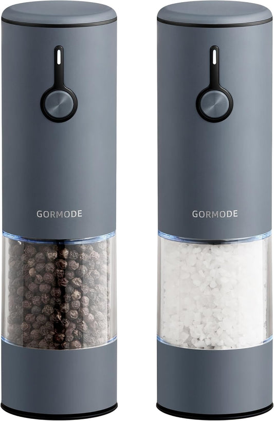 Stainless Steel Electric Salt and Pepper Grinder Set (Wedgwood Blue) - 2 Pack Rechargeable Mills with LED Light, 6 Adjustable Grind Modes & Rustproof Design - Premium Kitchen Tool with USB-C Charging