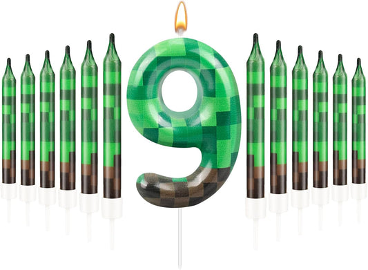 13 Pcs Dynamite Candles 12 TNT Themed Birthday Cake Candles and Number 9 Candle Cake Topper for Pixel Theme Birthday Party Anniversary Party Dynamite Theme Party Video Game Party Supplies (Number 9)