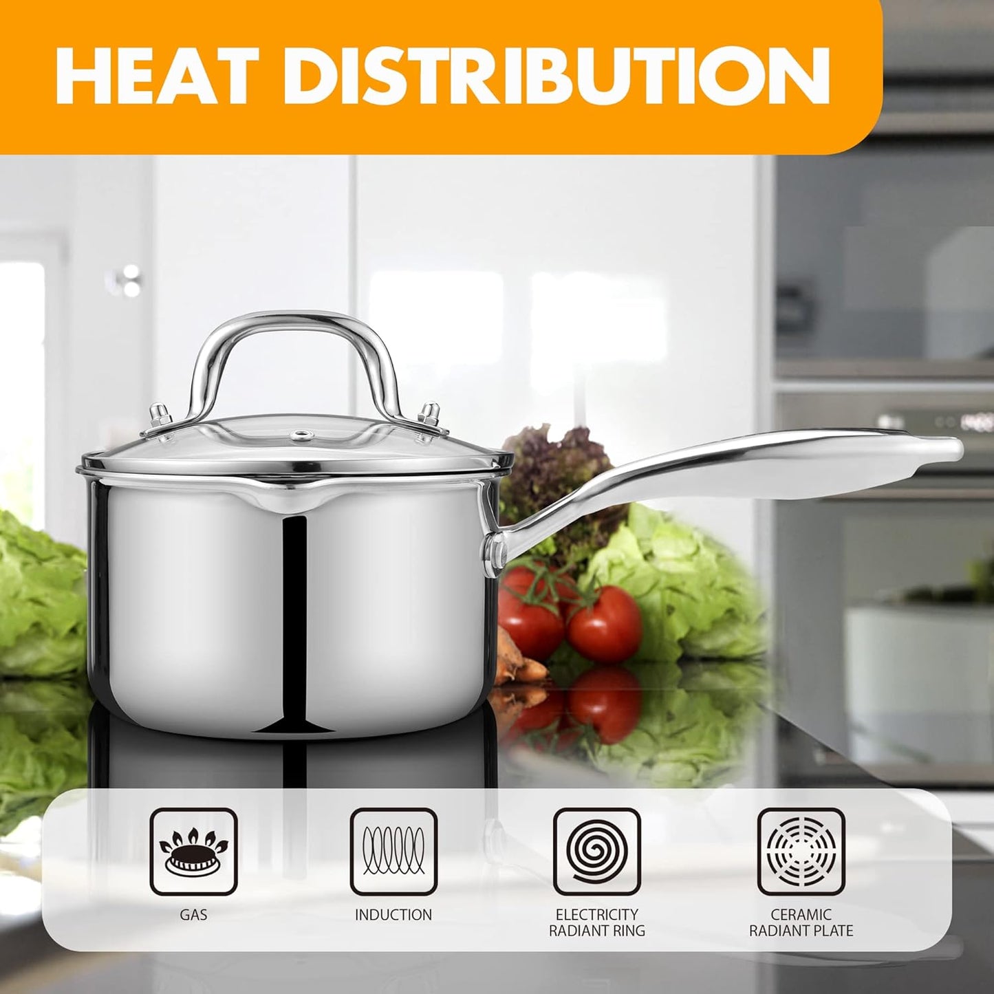 Cyrosa 3.5 Quart Stainless Steel Saucepan with Strainer Lid, Sauce Pot Sauce Pan for Stove Top, Two Side Spouts for Easy Pour, Dishwasher Safe