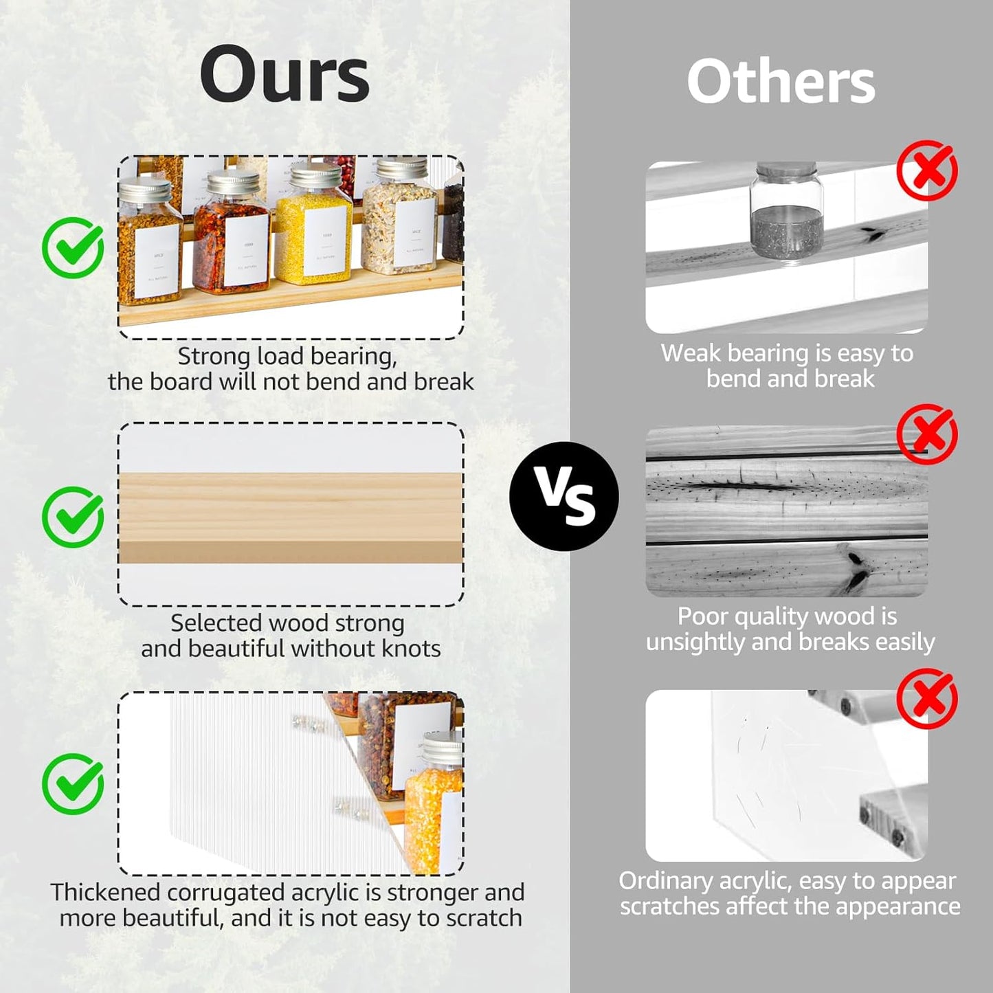 nianfeng Tiered Spice Rack, 5-Tier Spice Pantry Kitchen Cabinet Organizer, 12-Inch, Natural Wood Acrylic Stair Riser Stand, Countertop Seasoning Shelf