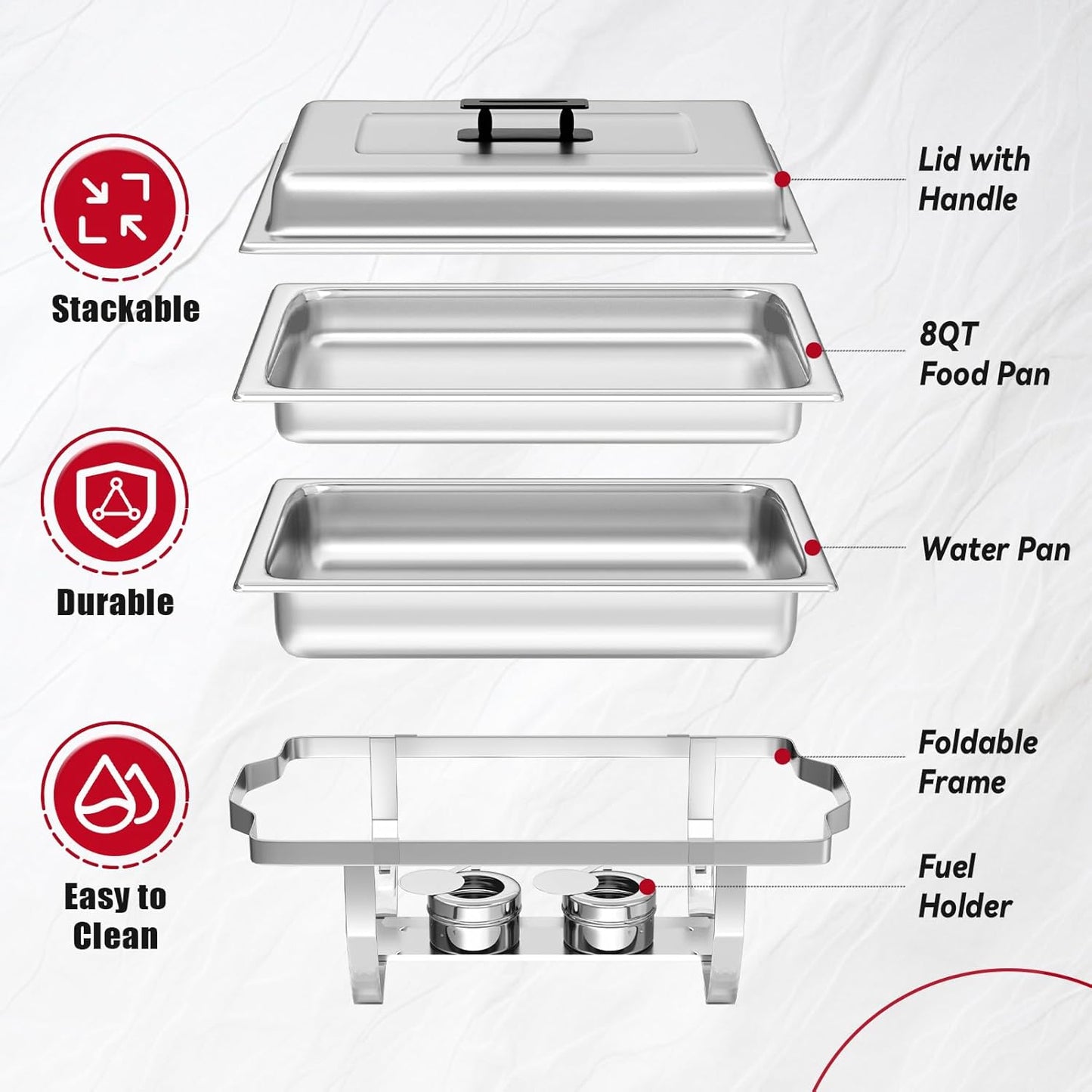 4 Pack Chafing Dish Buffet Set, 8QT Stainless Steel Rectangular Chafers and Buffet Warmer Sets for Catering, with Food & Water Pan, Lid, Foldable Frame, Fuel Holder for Event Party Holiday