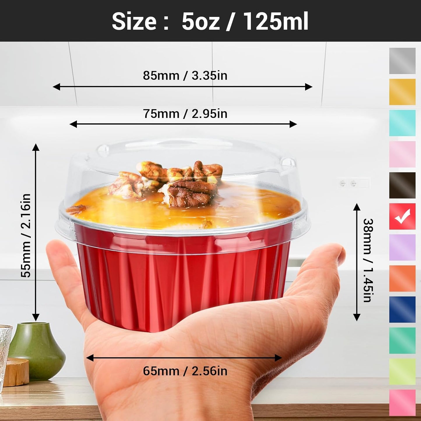 EUSOAR Disposable Ramekins, 30pcs 5oz Aluminum Foil Cupcake Baking Cups Containers with Lids, Dessert Cups Mini Aluminum Cheesecake Pan Creme Brulee Ramekins - Red