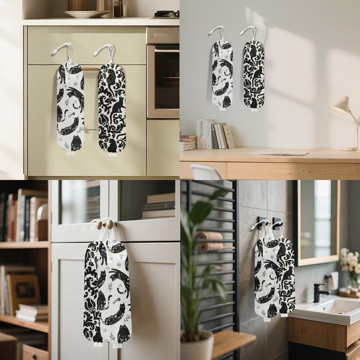 2Pcs Black White Floral Cat Plastic Bag Holder, Wall Mount Grocery Bag Holder for Plastic Bags, Mysterious Cats Reusable Grocery Bags Storage Dispenser for Home Kitchen Decor, Cat Lover Gifts