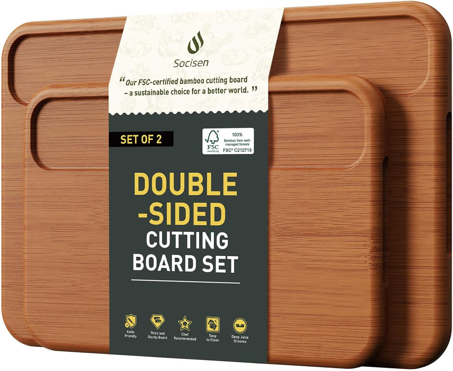 2 Packs Wood Cutting Board, Carbonized Bamboo Cutting Boards Set With Smooth Surface & Easy Storage For Busy Kitchens, Ideal Charcuterie & Chopping, Durable, Knife-Friendly for Meat Vegetables Fruits