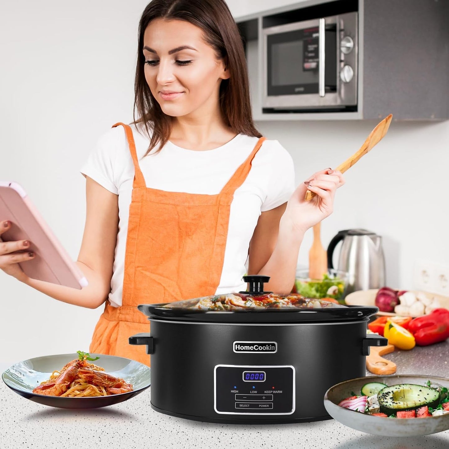 HOMECOOKIN 7 Quart Programmable Slow Cooker, Kitchen Appliances, Perfect Kitchen Small Appliance for Family Dinners, Black Stainless Steel