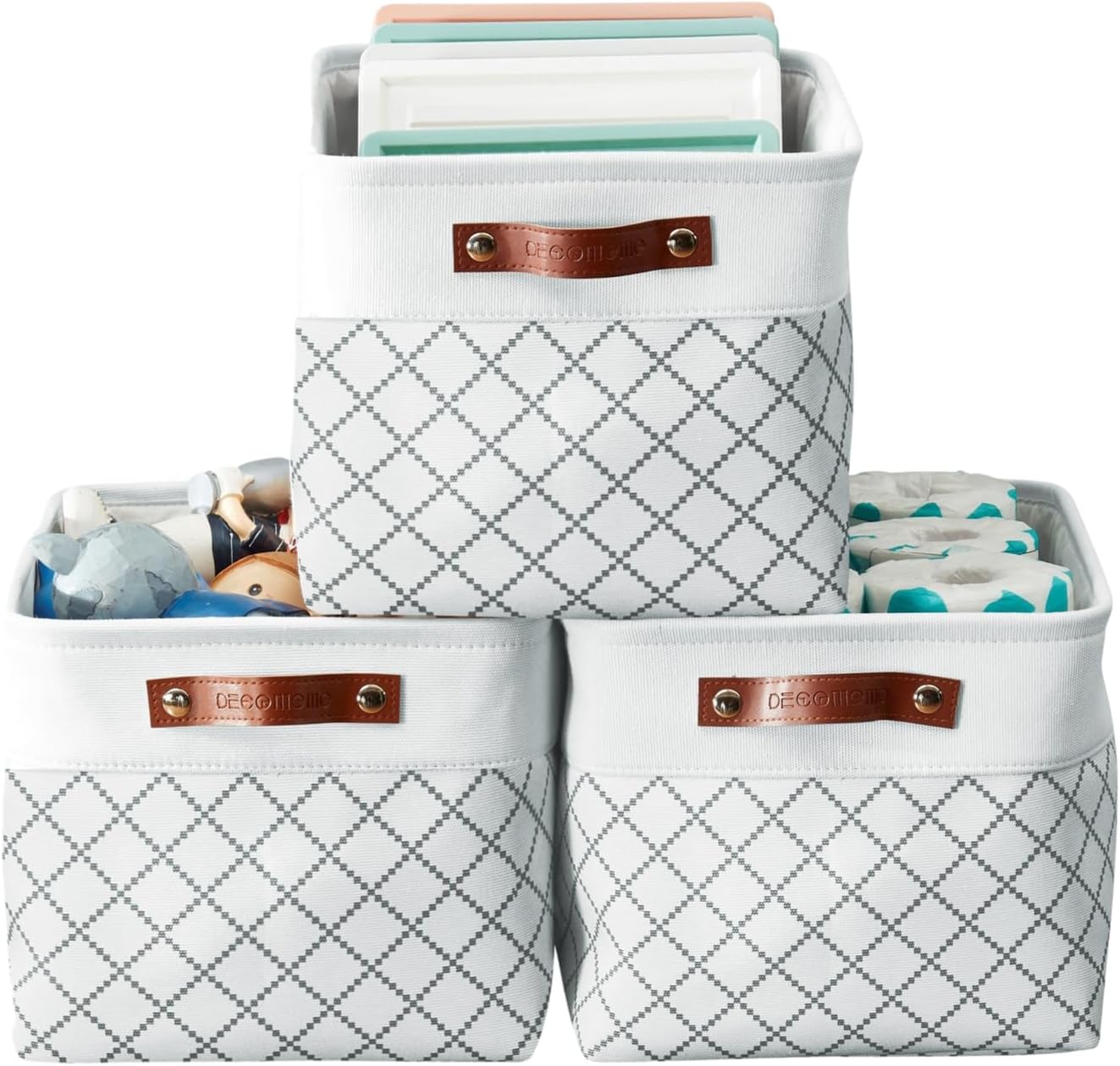 DECOMOMO White Storage Bins Fabric Storage Baskets for Shelves, Linen Closet Organization Toys Nursery (White Check, Large - 3 Pack)