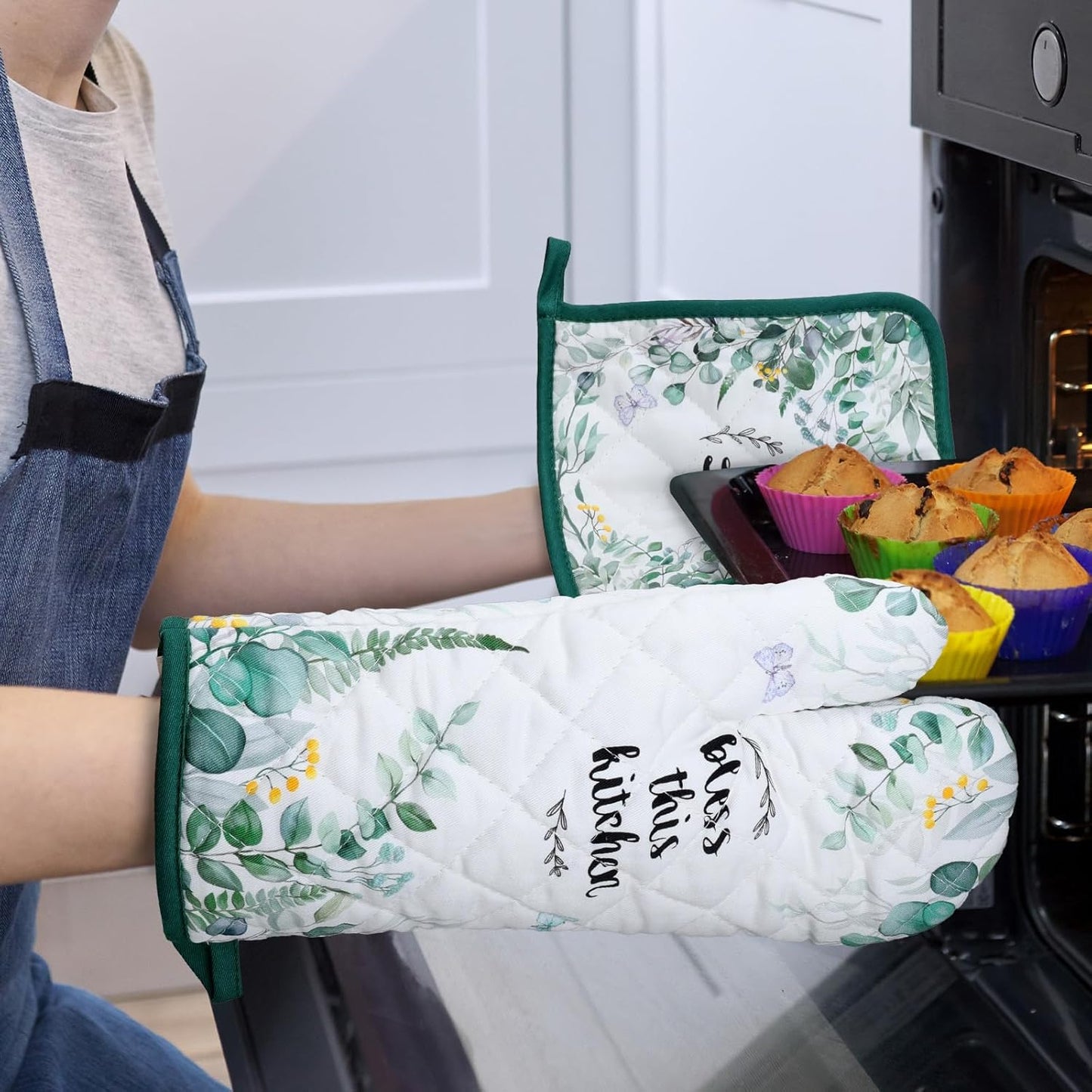 Eucalyptus Leaf Oven Mitts and Pot Holders Sets 2Pcs, 100% Cotton Heat Resistant, Extra Long Oven Gloves Potholder for Kitchen Cooking Baking Decoration