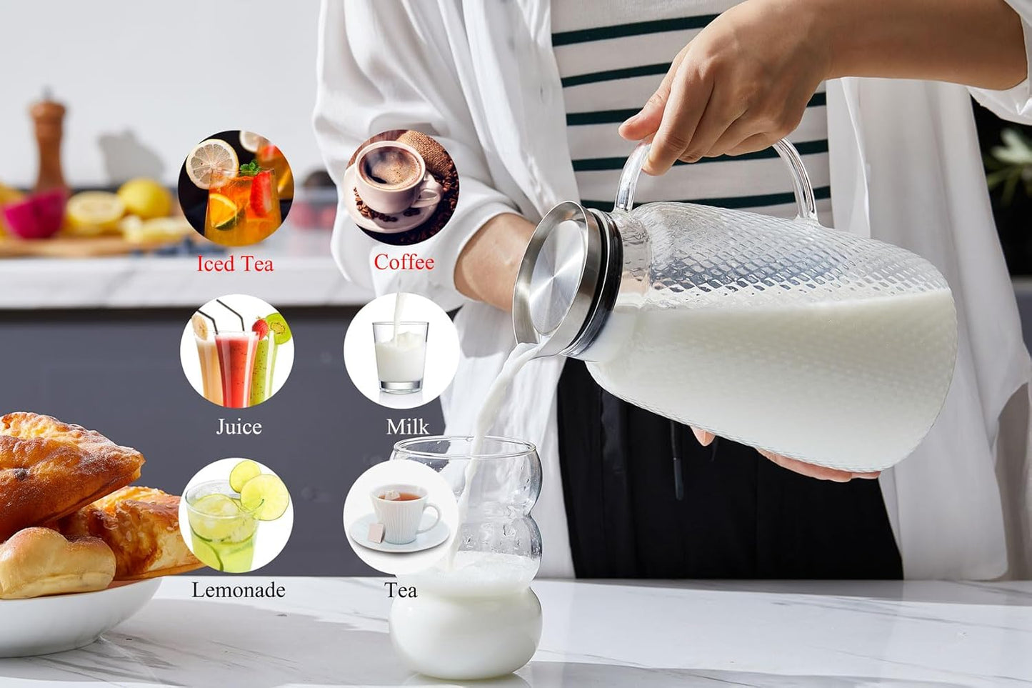 Purefold Pitcher with Lid, 78 oz Glass Jug with Stainless Steel Lid for Hot and Cold Water, Fruit Tea, Coffee Maker, Ice Tea, Juice, Pineapple Series (Clear)