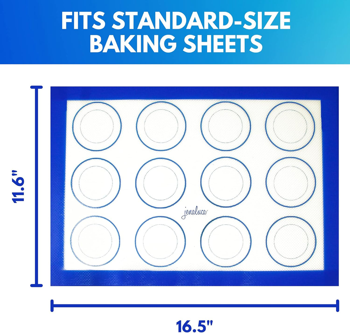 Jenaluca Silicone Baking Mats 2 Pack - Non-Stick Mats with Cookie Measurements Reusable Food Grade Silicone for Cookies, Pastries & Meal Preparation - Non Slip - 16.5 x 11.6