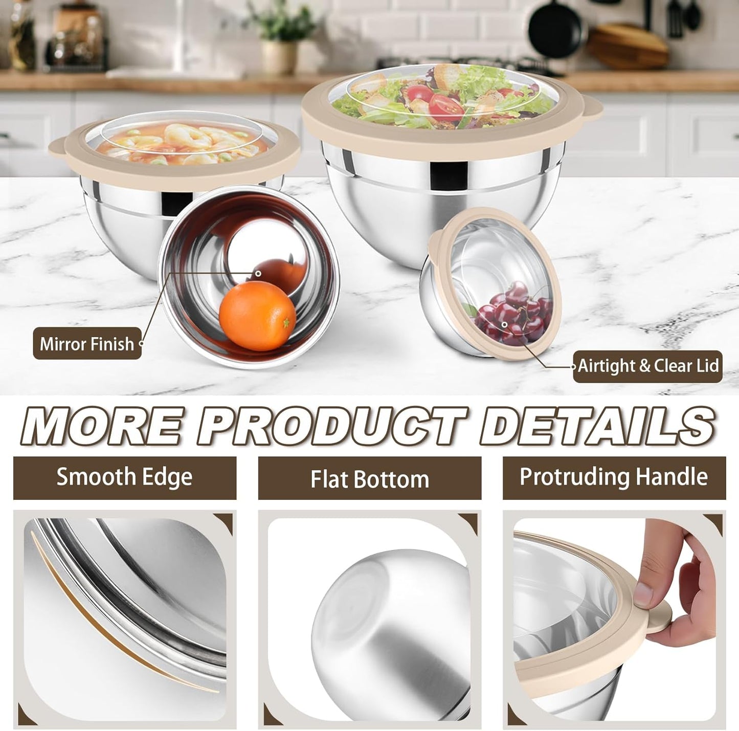 P&P CHEF Mixing Bowl with Lid Set of 7, Stainless Steel Nesting Salad Bowls for Cooking Serving Prepping, Clear Lids & Stackable Design, Size 4.6, 3.5, 3, 2, 1.5, 1, 0.7 Qt - Khaki