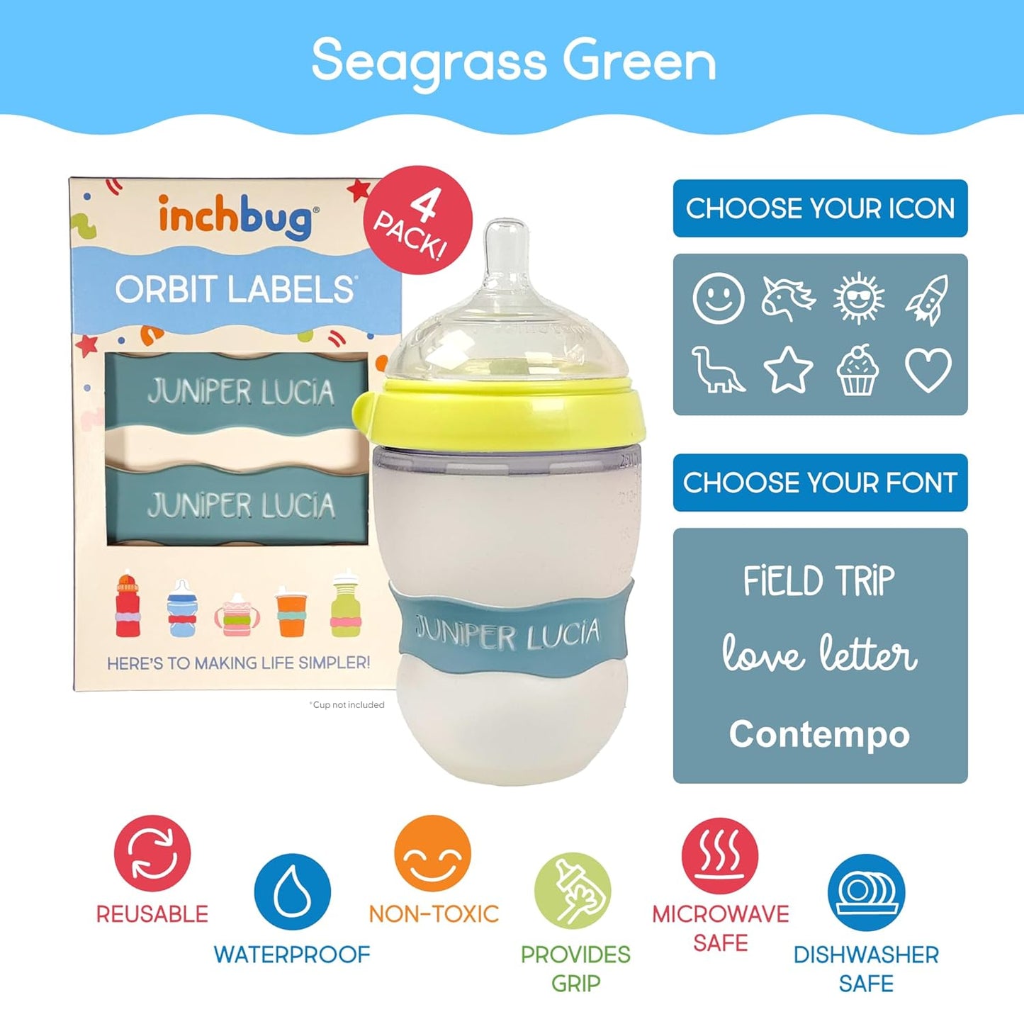 InchBug Orbit Labels - Baby Bottle Name Labels for Daycare, Sippy Cup Bands - Engraved Silicone, Reusable, Dishwasher Safe, White Contrasting Personalization, 4-Pack (Sea Glass)