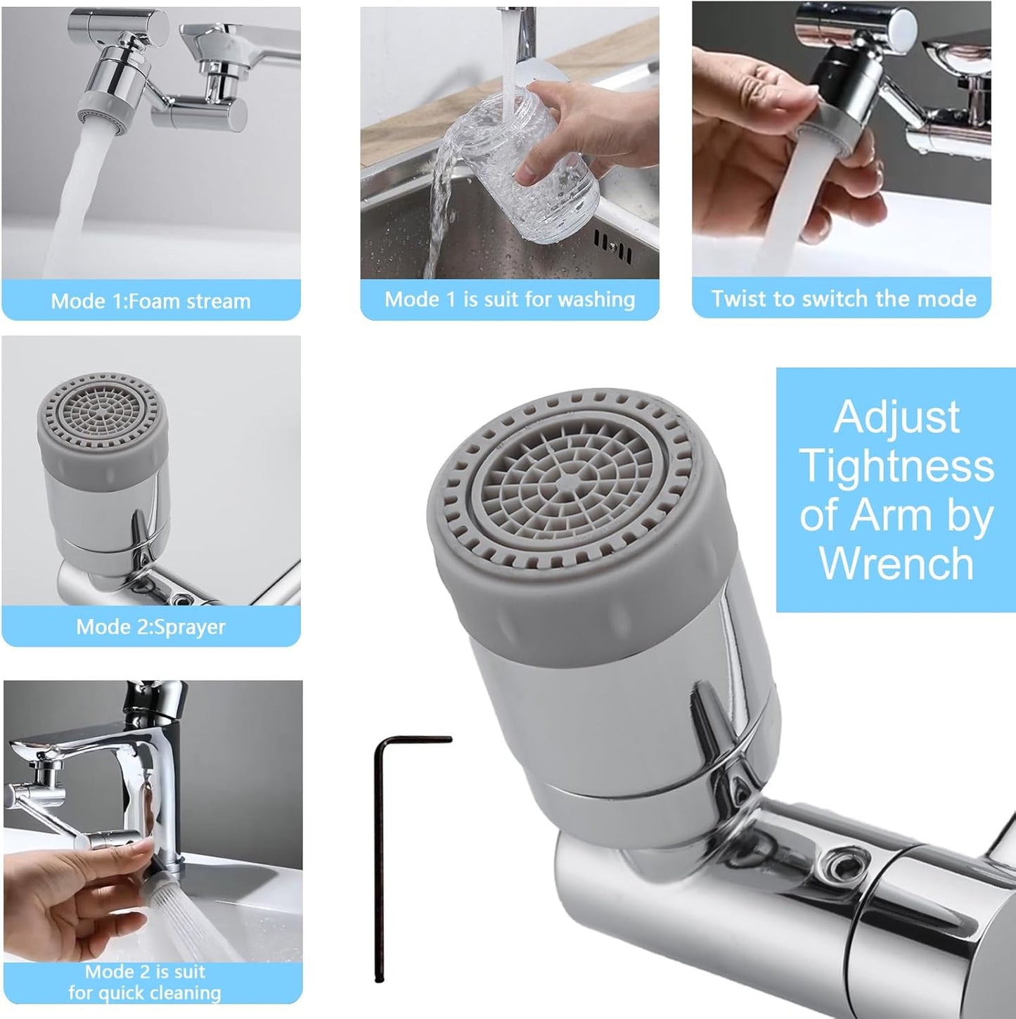 TIDYENDURE 1080°Swivel Faucet Extender, Sink Water Faucet Aerator Extension, 2-Flow Sprayer Faucet Head, Faucets Bubbler for Kitchen and Bathroom Sink Faucet, Tap Adjustment for Face Washing, Silver
