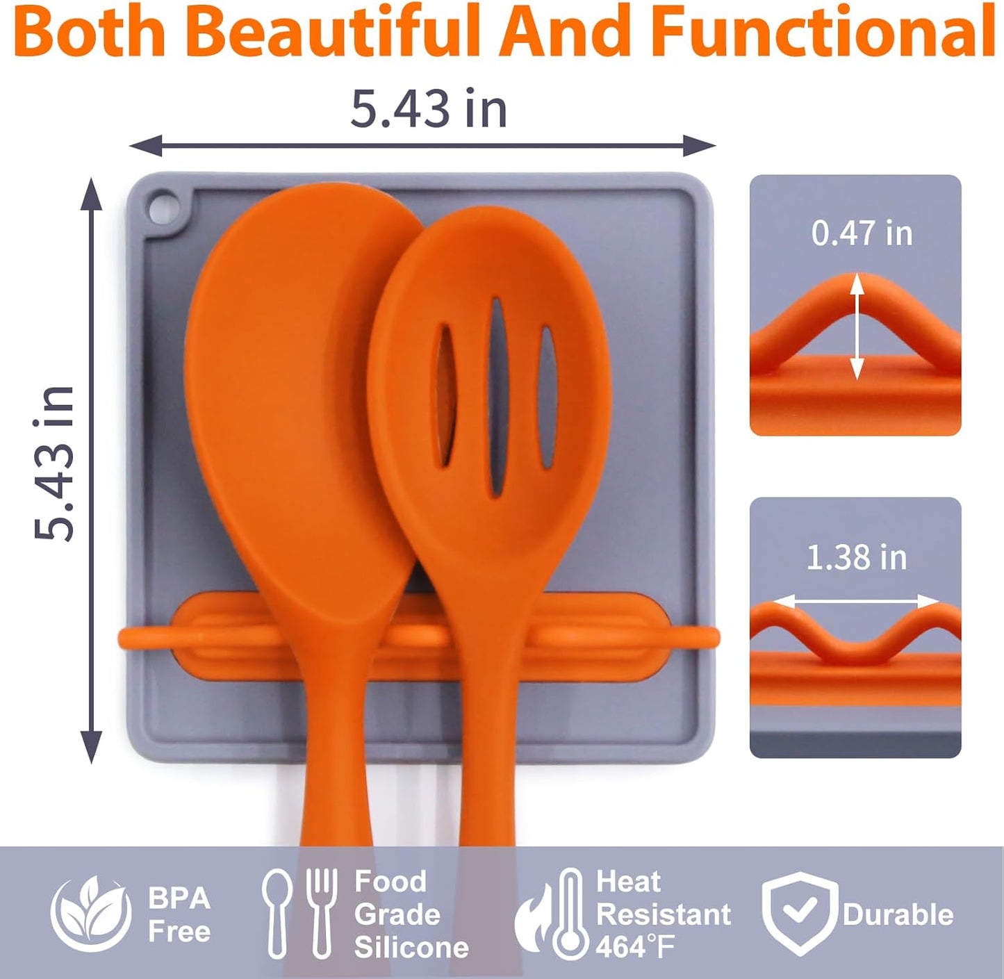 Silicone Spoon Rest for Kitchen Counter, Heat-Resistant & BPA-Free, Non-Slip Spoon Holder for Stove, Gray + Orange