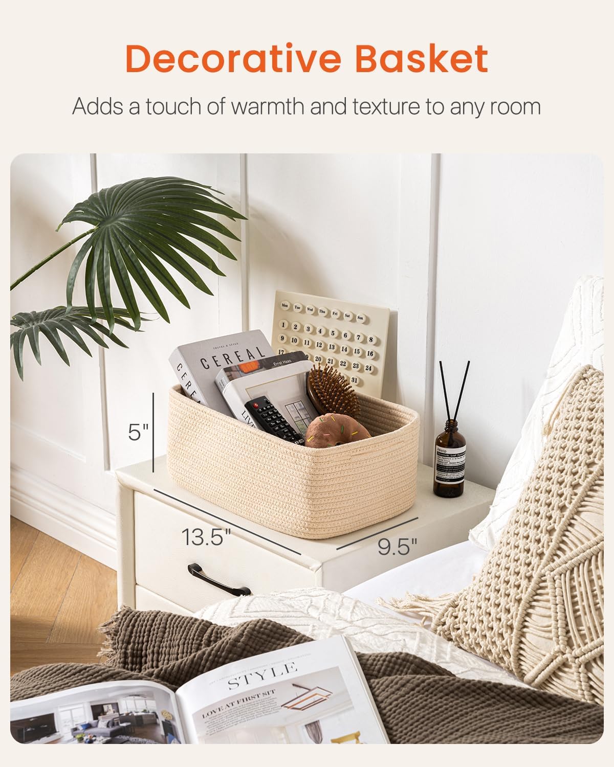 Small Woven Basket, 13.5 x 9.5 x 5 Inches, Storage Basket for Organizing, Cute Small Rope Shelf Closet Cube Storage Bins Baskets for Shelves, Dog Toy Gift Baskets Empty, 3 Packs, Beige