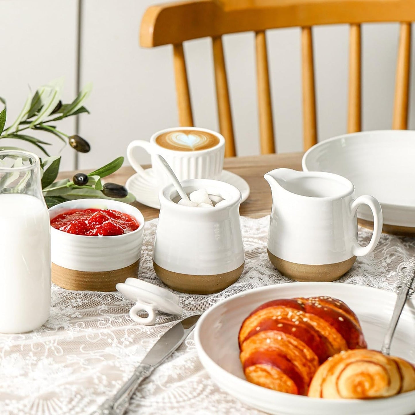 glowworm Sugar and Creamer Set, Vintage Porlcelain Pitcher Creamer Sugar Bowl with Lid, 11 Ounce Sugar Bowl, 10 Ounce Cream Pitcher, Dishwasher Safe, White