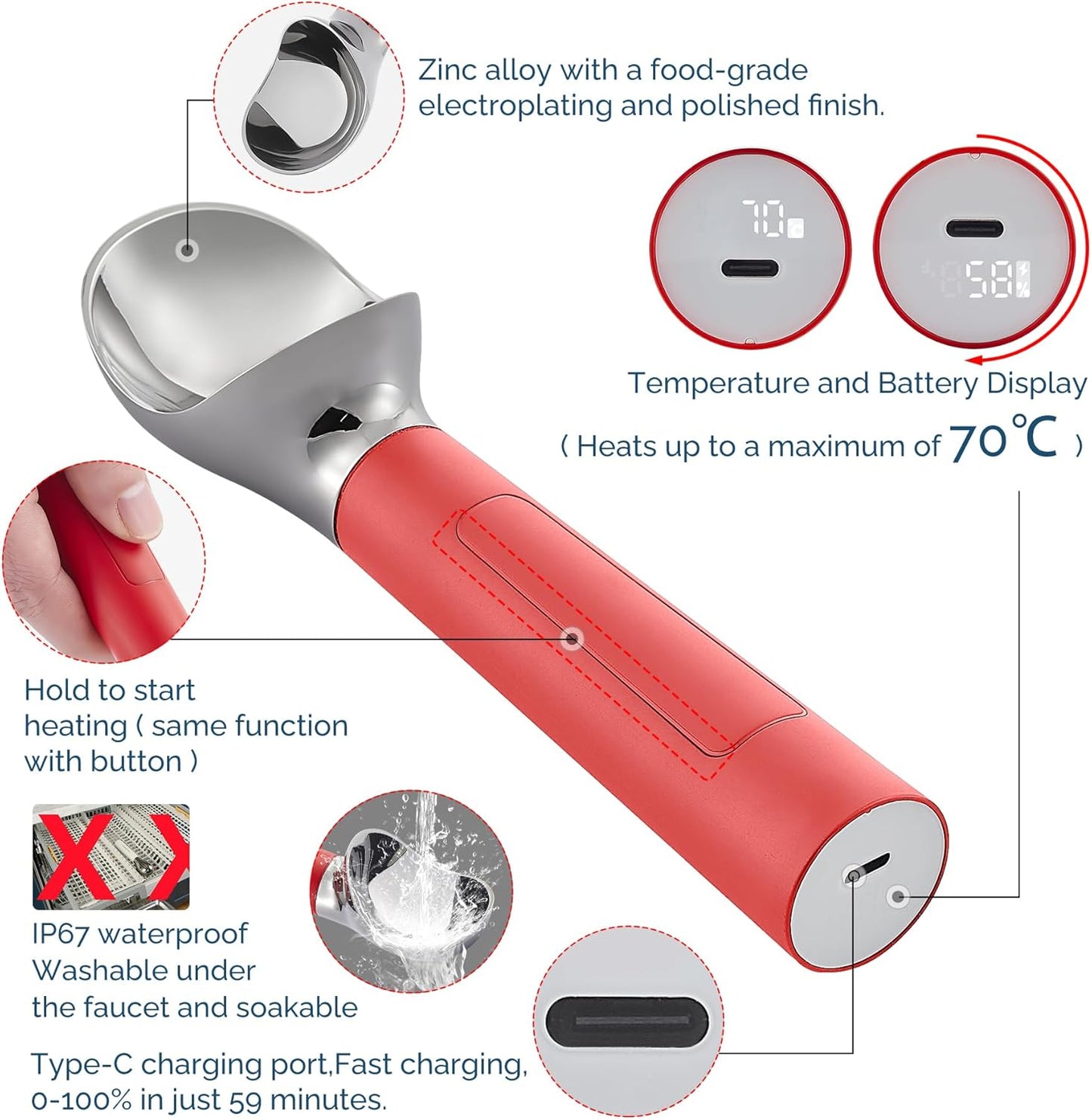 Heated Ice Cream Scoop Rechargeable, Electric Warming Ice Cream Scooper with LED Display, Heats to 158°F for Hard Ice Cream, IP67 Waterproof (Red, 2 oz)