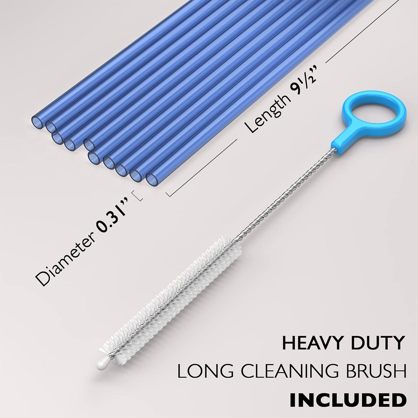 10 Long Reusable Hard Blue Plastic Drinking Straws, Medium Width + Sturdy Cleaning Brush - for Tumblers, Mason Jars, Smoothies and Milkshakes - Dishwasher Safe BPA Free