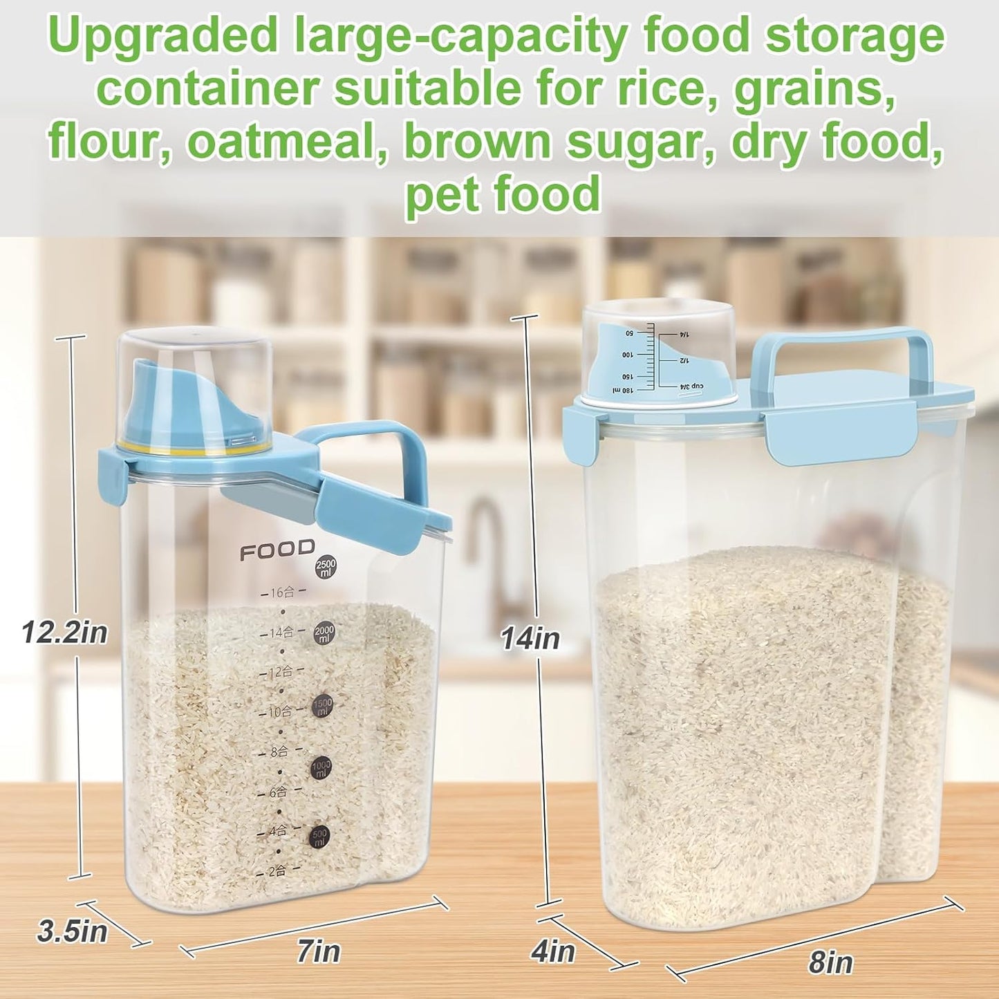 Rice Storage Container, Cereal Containers Storage, Dry Food Airtight Dispenser BPA Free, Clear Plastic Kitchen and Pantry Organization Bin (1, Sky blue, 5.28Qt)